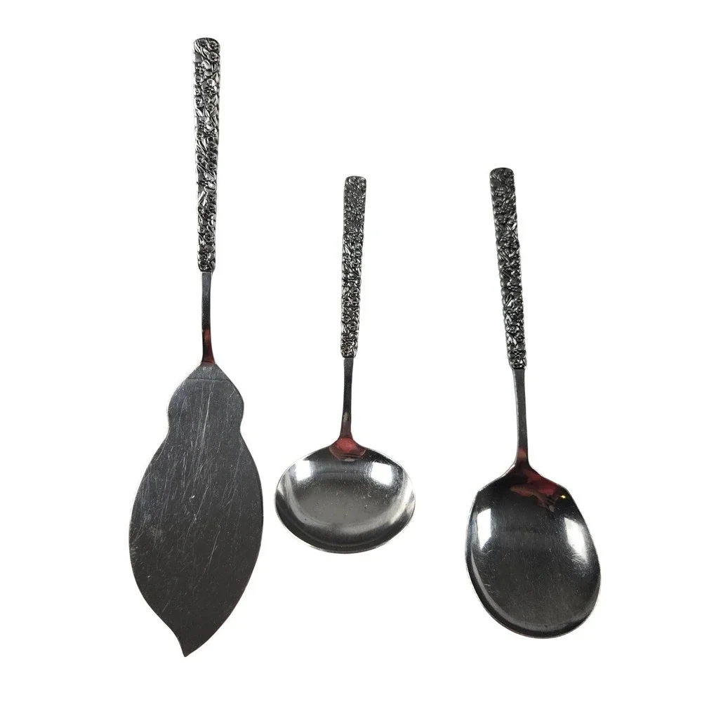 Vintage Lifetime Cutlery Floral Garden 3 Pc Serving Set Stainless Japan